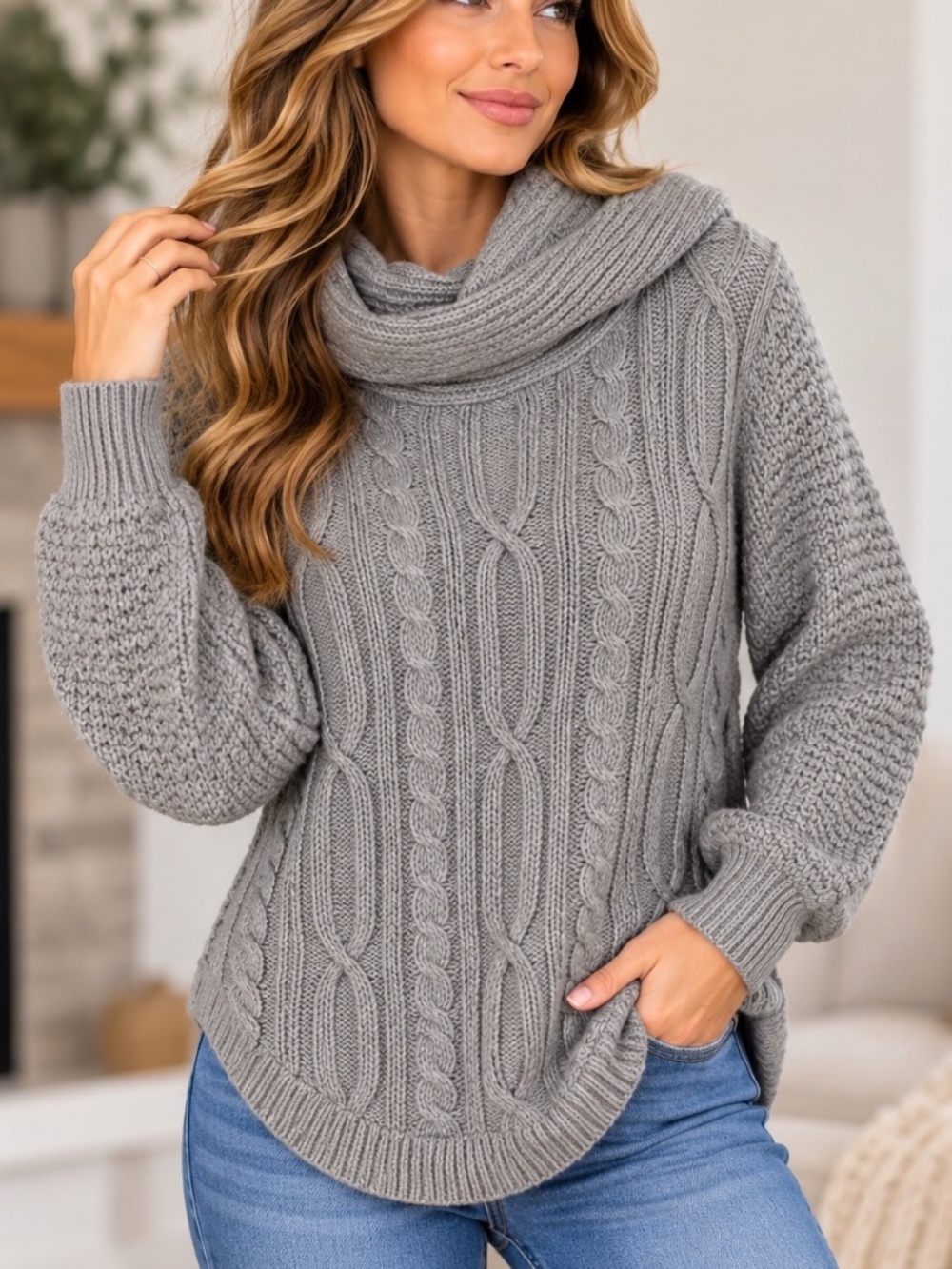 Lily Morgan Cowl Neck Sweater Womens Size Large Gray Cable Knit Comfy Cabincore